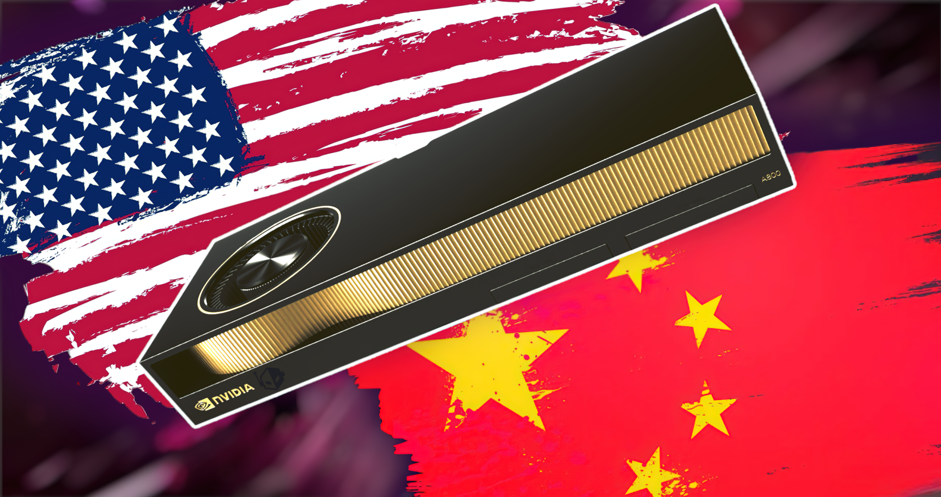 NVIDIA graphics card model A800 overlaid on U.S. and Chinese flags.