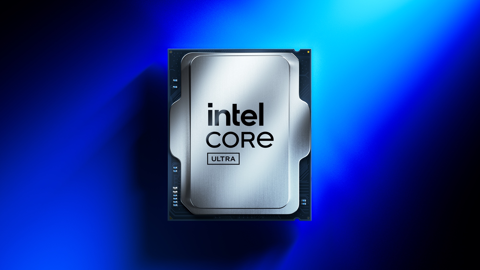 The image shows an Intel Core Ultra processor against a blue background.