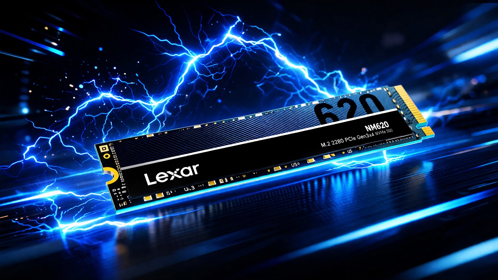 A Lexar NM620 M.2 2280 PCIe Gen3x4 NVMe SSD is depicted against a dynamic blue lightning background.