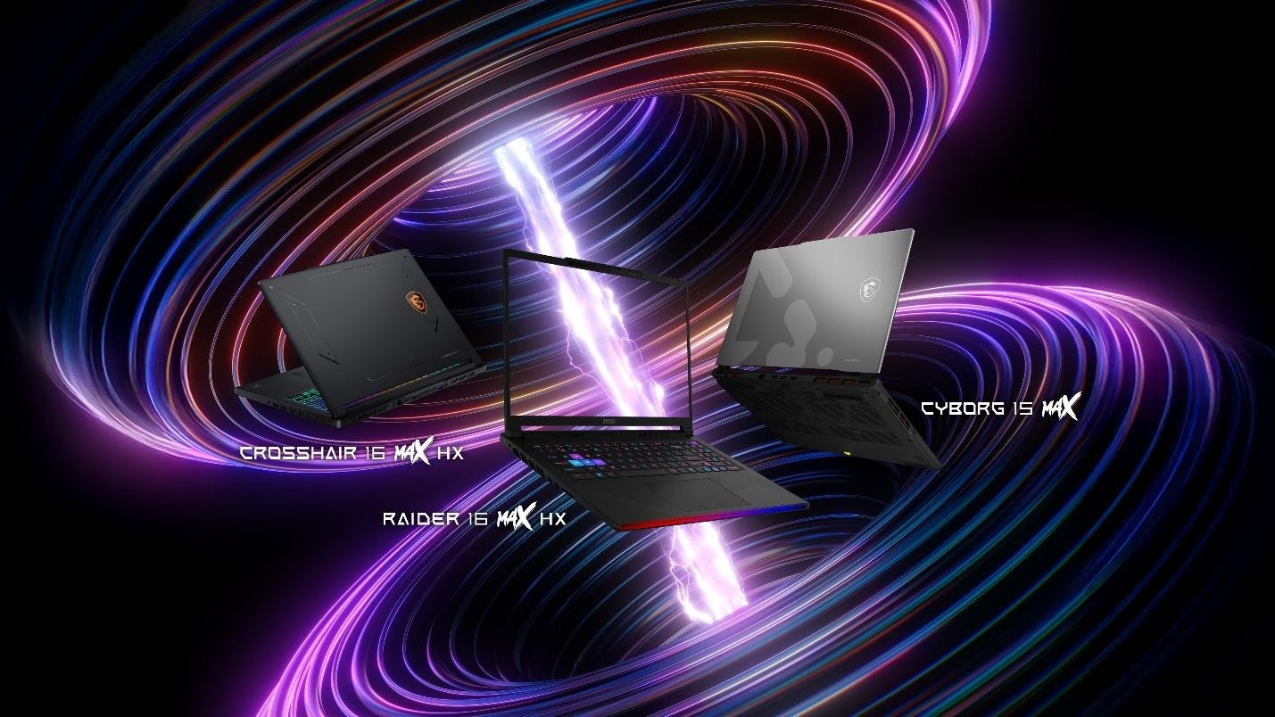Three MSI gaming laptops are displayed against a neon swirl background, labeled as 'Crosshair 16 Max HX,' 'Raider 16 Max HX,' and 'Cyborg 15 Max HX.'