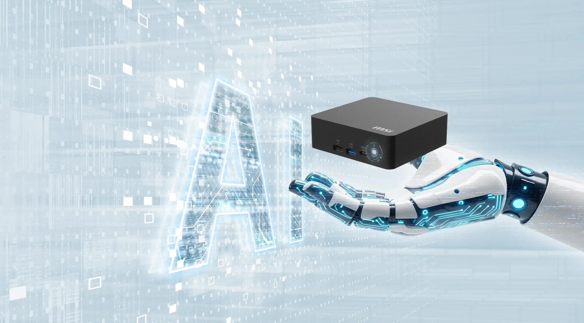 A futuristic robotic hand holds an MSI mini PC against a digital background with large translucent letters spelling 'AI'.