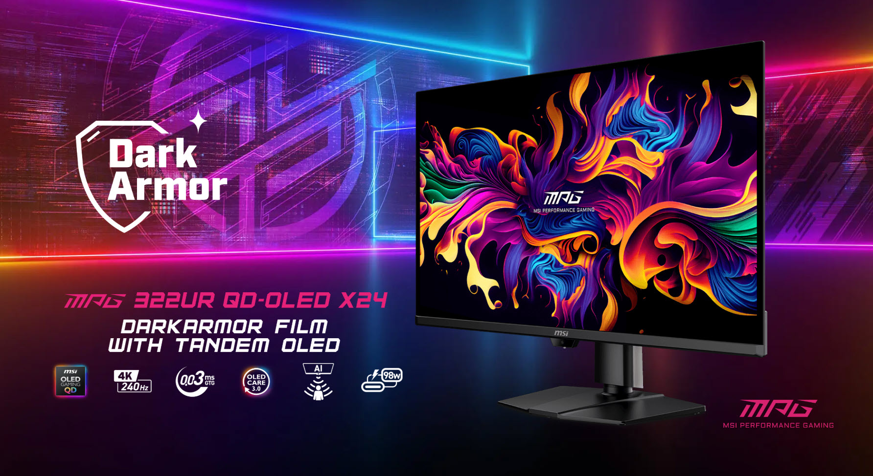 The MSI MPG 322UR QD-OLED X24 monitor is showcased with vibrant abstract graphics, highlighting features such as '4K 240Hz', '0.03ms GTG', and 'AI', alongside 'DarkArmor Film with Tandem OLED'.