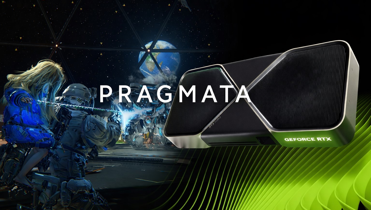 A scene from the game 'Pragmata' shows a character and a robot in a futuristic setting, alongside an NVIDIA GeForce RTX 5090 graphics card.
