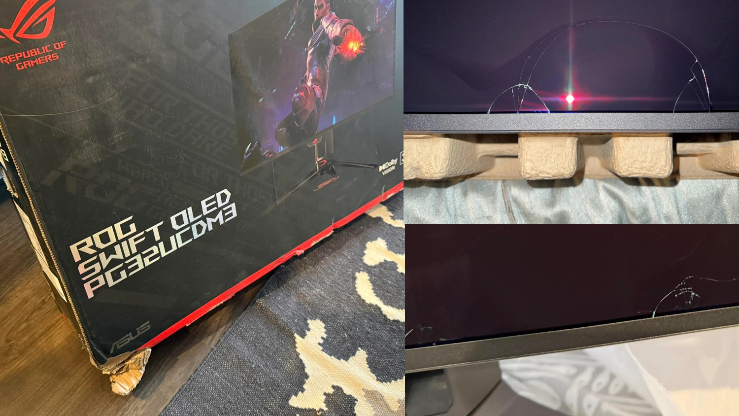 An ASUS ROG Swift OLED PG32UCDM3 monitor box next to images of a cracked screen inside its packaging.