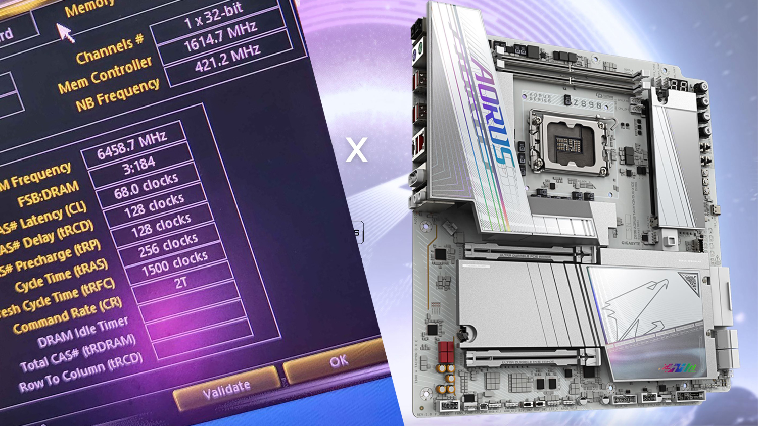 A Gigabyte AORUS Z790 motherboard is shown beside a screen displaying memory clock settings, including '6458.7 MHz' and 'Validate'.