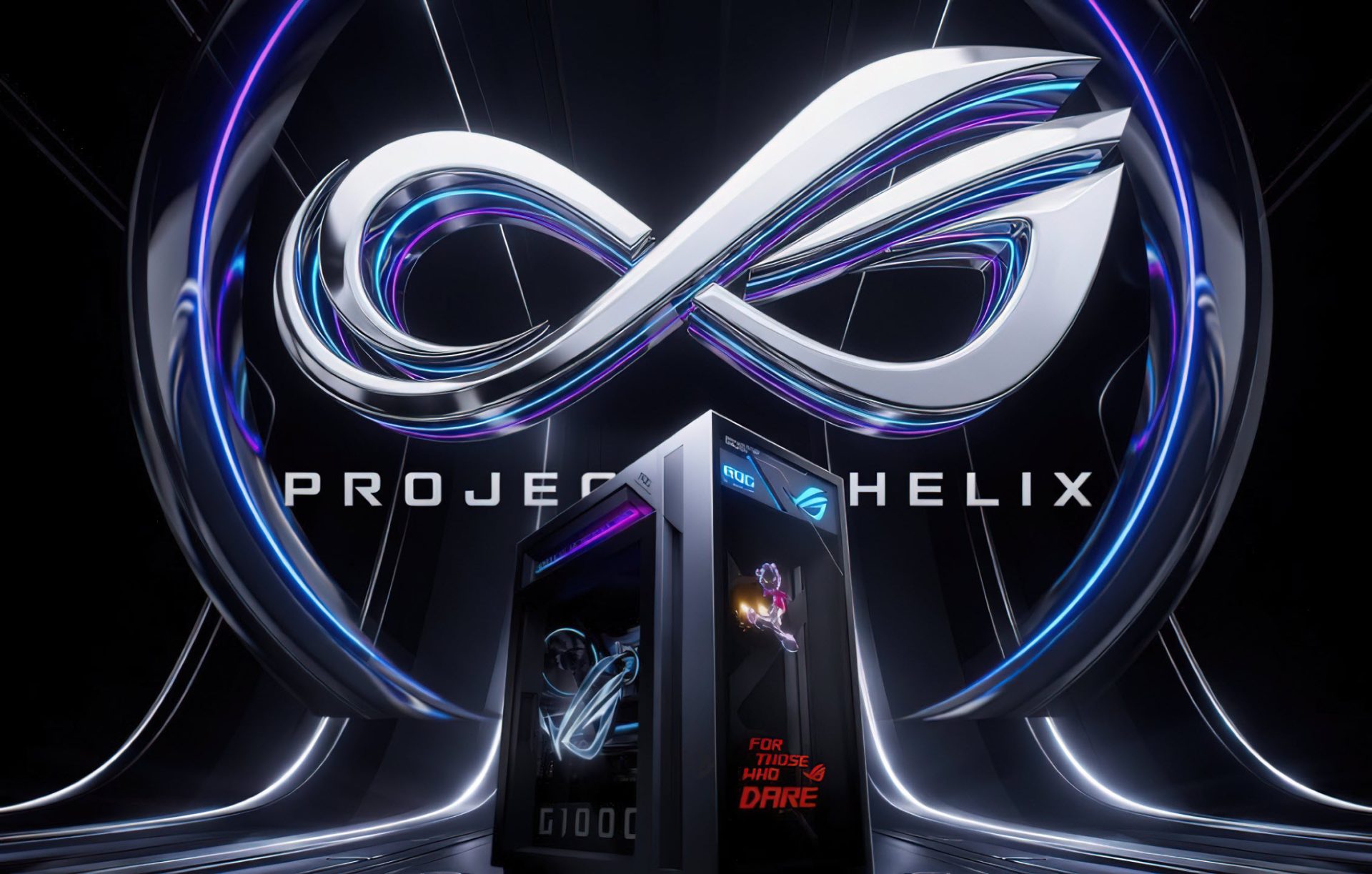 The image features an ASUS ROG G1000 computer case with the text 'FOR THOSE WHO DARE' displayed, set against a backdrop with the words 'PROJECT HELIX' and a large metallic infinity symbol.