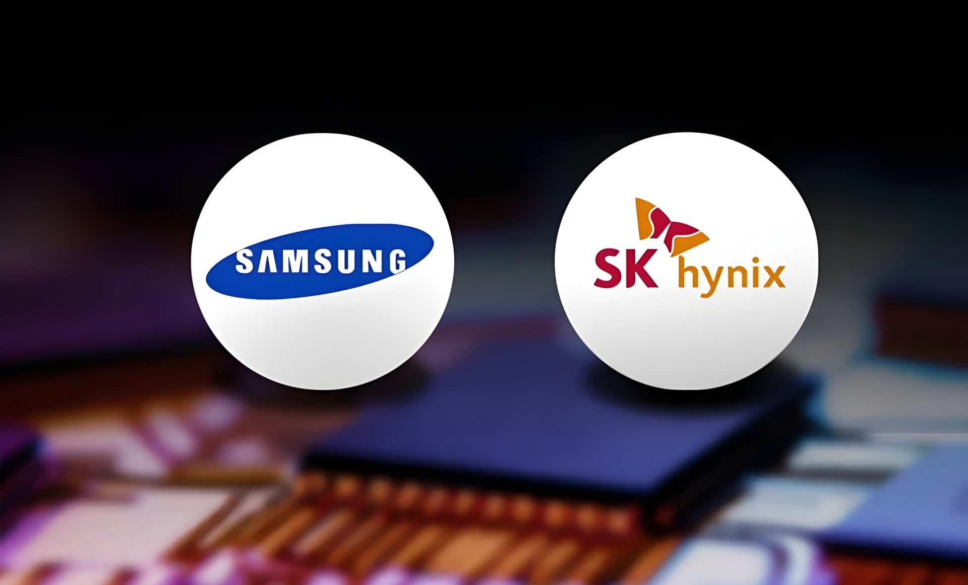 Logos of Samsung and SK hynix are displayed side by side against a blurred background.