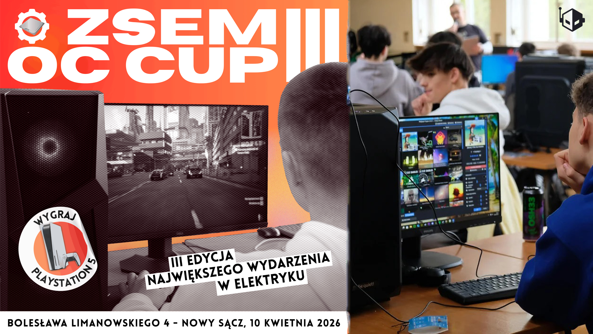 A split image shows 'ZSEM OC CUP' on the left advertising a PlayStation 5 contest at an event on April 10, 2026, and a student on the right using a Philips monitor in a gaming setup.