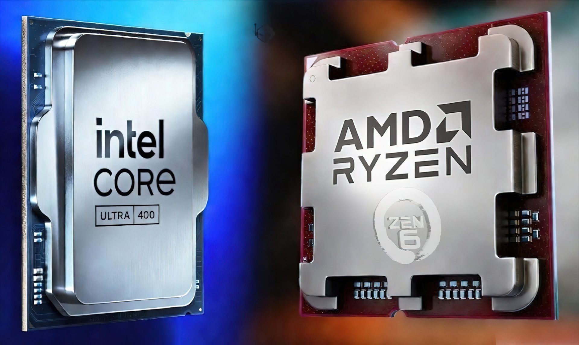 An Intel Core Ultra 400 processor is shown alongside an AMD Ryzen processor featuring 'Zen 6' architecture.