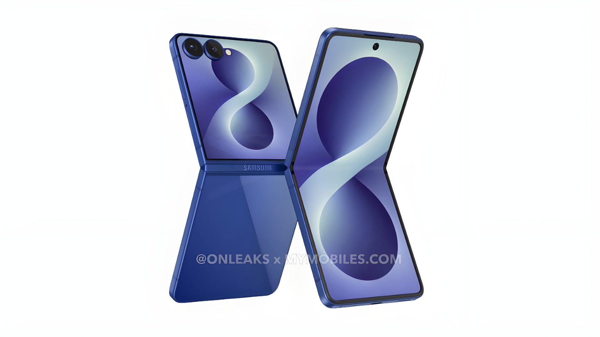 A blue Samsung Galaxy Z Flip5 is shown both folded and unfolded, featuring dual rear cameras and an edge-to-edge main display.