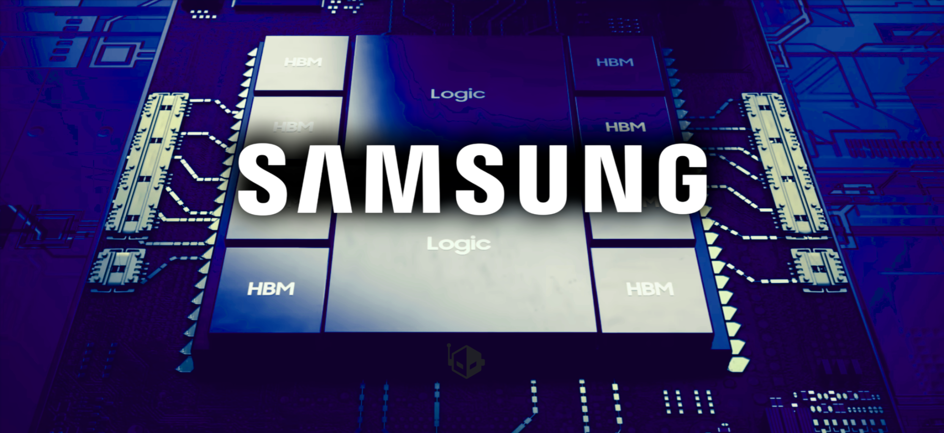Samsung chip labeled HBM and Logic on a circuit board background.