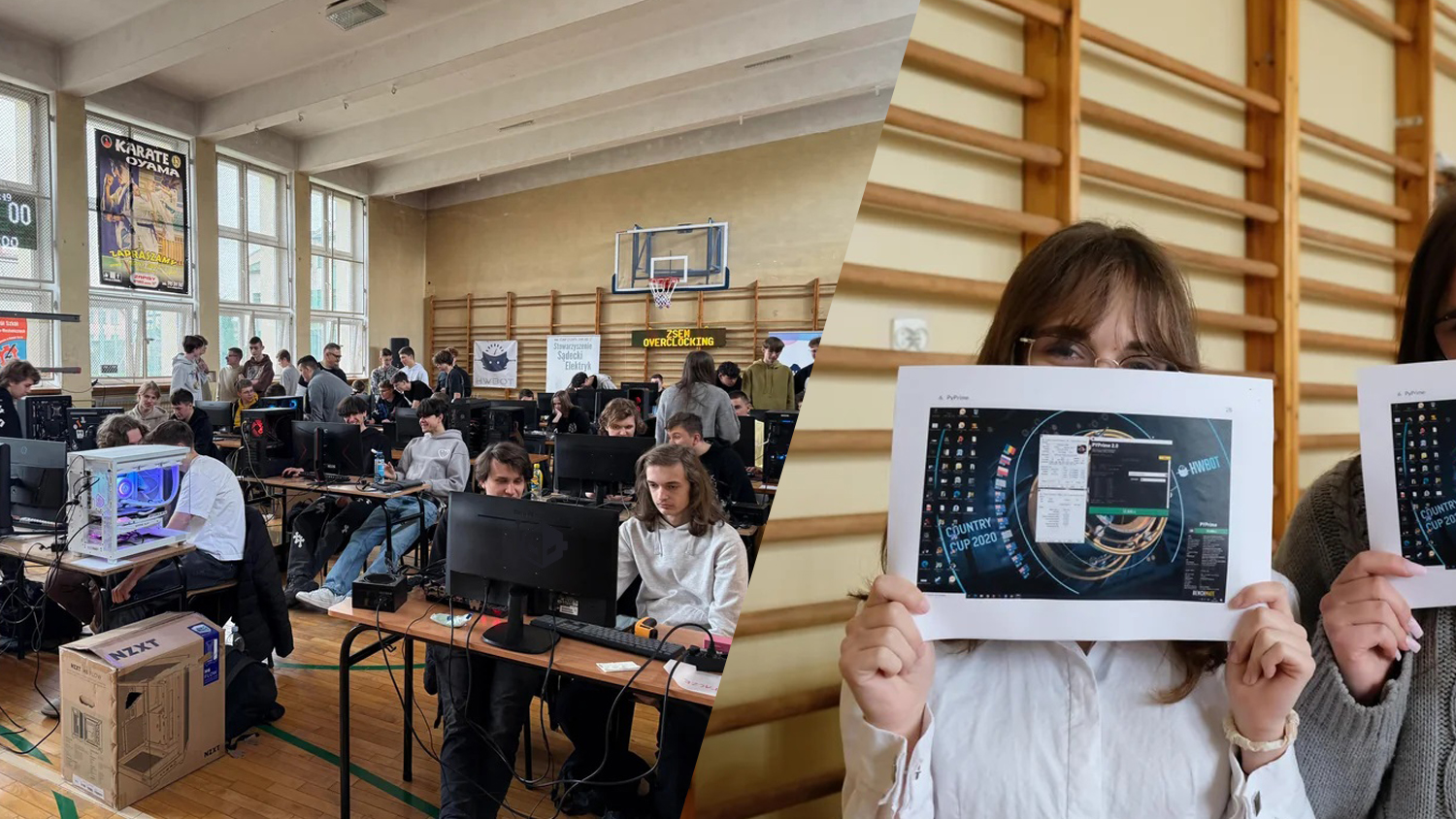 A room filled with people using computers is labeled 'ZSEM OVERCLOCKING,' with visible screens displaying a 'Country Cup 2020' wallpaper and NZXT product packaging on the floor.