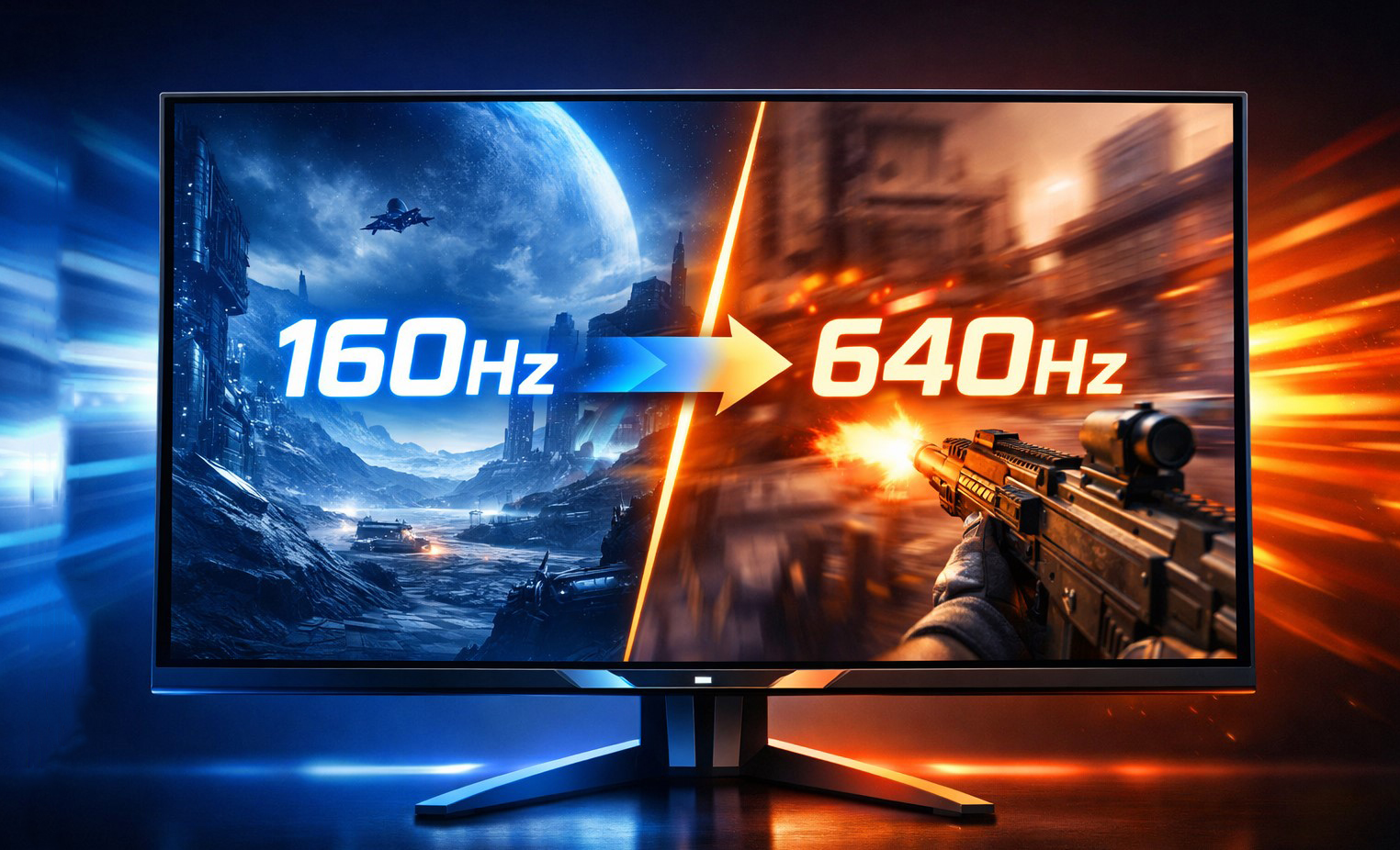 A gaming monitor display shows a split image with '160Hz' on a sci-fi landscape and '640Hz' alongside a first-person shooter scene.