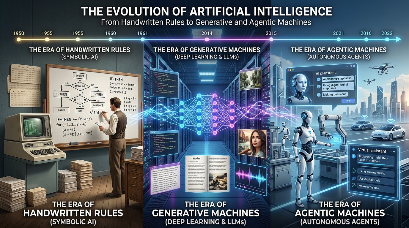 An illustration titled The Evolution of Artificial Intelligence depicts three eras: The Era of Handwritten Rules (Symbolic AI) with a man at a chalkboard and an old computer, The Era of Generative Machines (Deep Learning & LLMs) with digital graphics and neural networks, and The Era of Agentic Machines (Autonomous Agents) with advanced robots and drones.