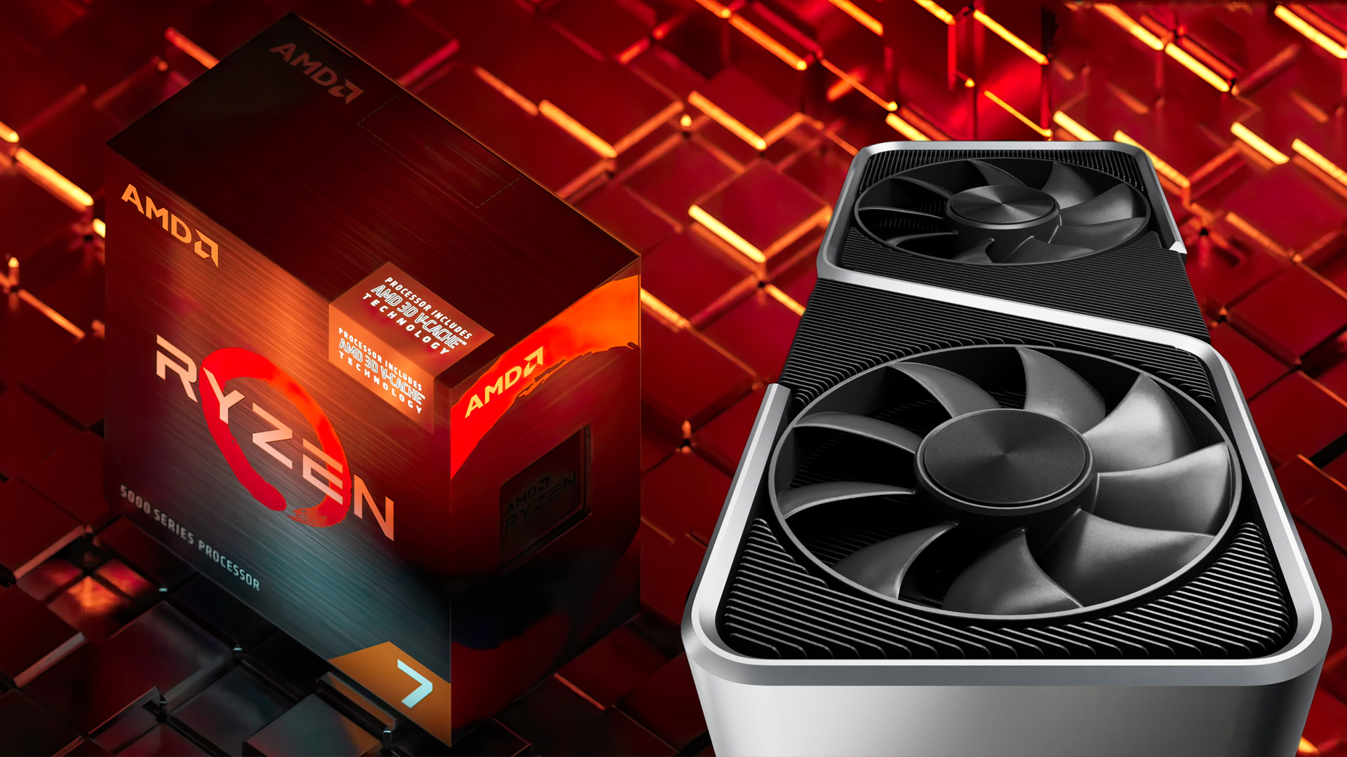 An AMD Ryzen 7 5000 Series processor box is positioned next to a dual-fan graphics card against a red and orange geometric background.
