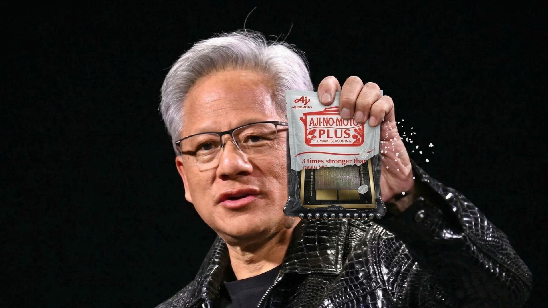 A person holding a package labeled 'AJI-NO-MOTO PLUS UMAMI SEASONING' with the text '3 times stronger than regular Ajinomoto.'