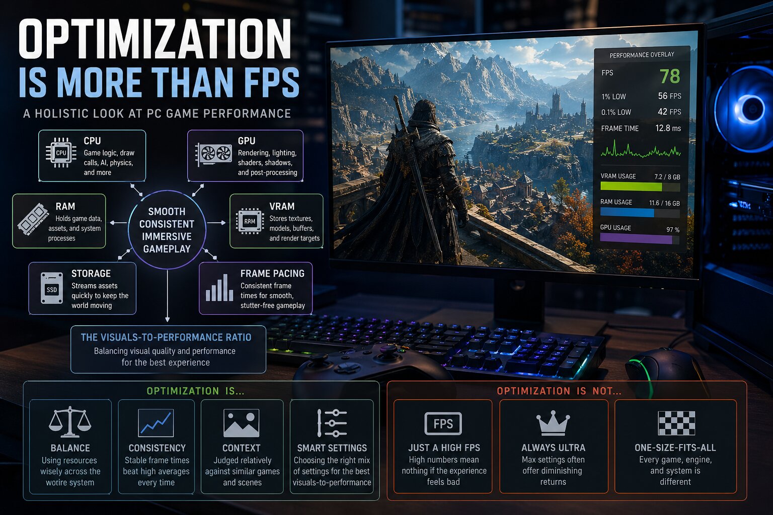 A widescreen monitor displays a game scene with a performance overlay showing 'FPS 78,' 'VRAM USAGE 7.2/8 GB,' 'RAM USAGE 11.6/16 GB,' and 'GPU USAGE 97%,' accompanied by a detailed infographic titled 'OPTIMIZATION IS MORE THAN FPS' explaining various factors affecting PC game performance.