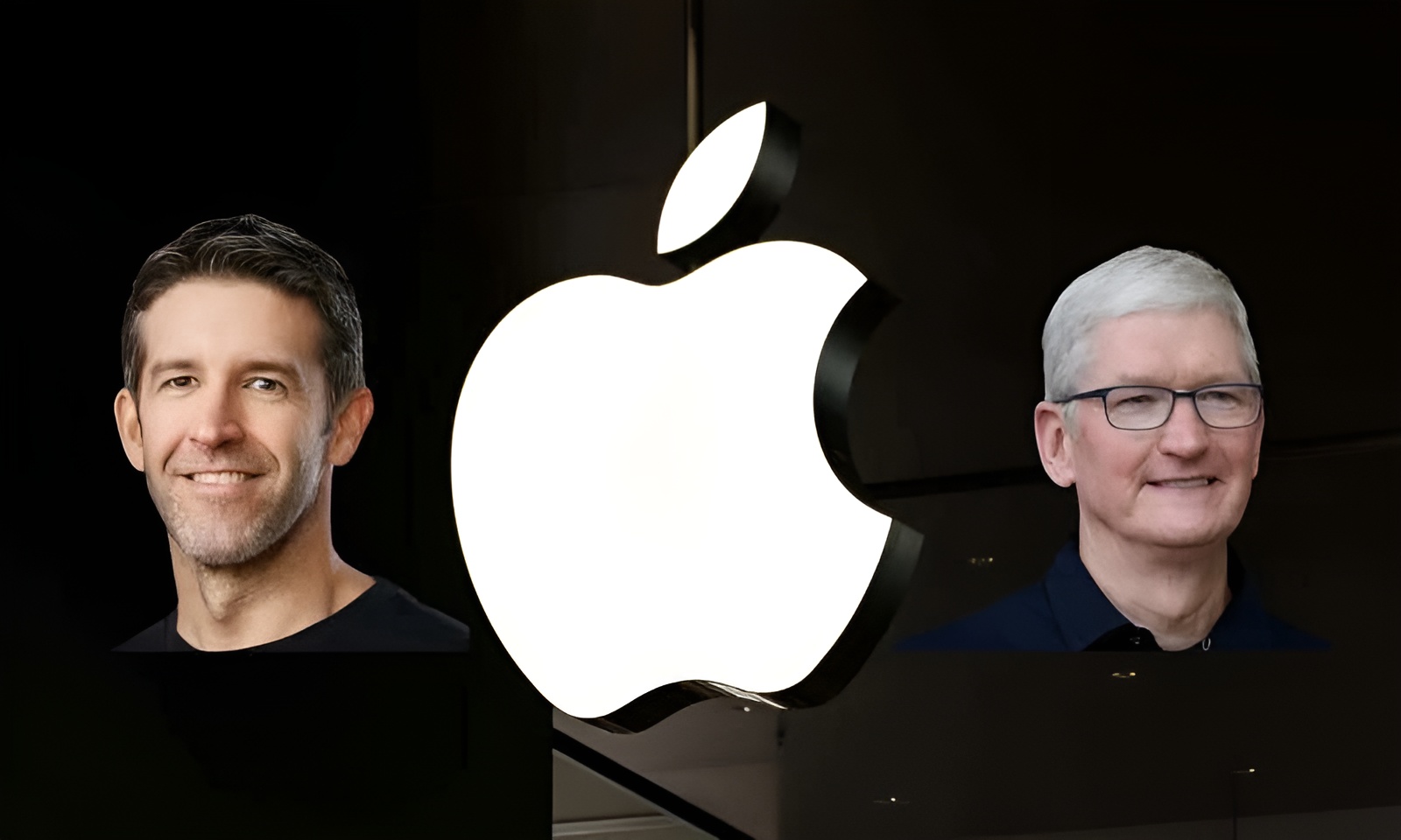 A large illuminated Apple logo with two unidentified men positioned on either side of it.