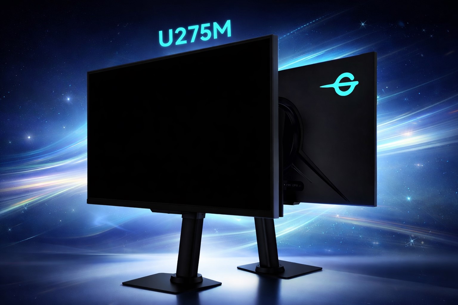 Two gaming monitors with a glowing logo on the back, labeled 'U275M,' are displayed against a cosmic background.
