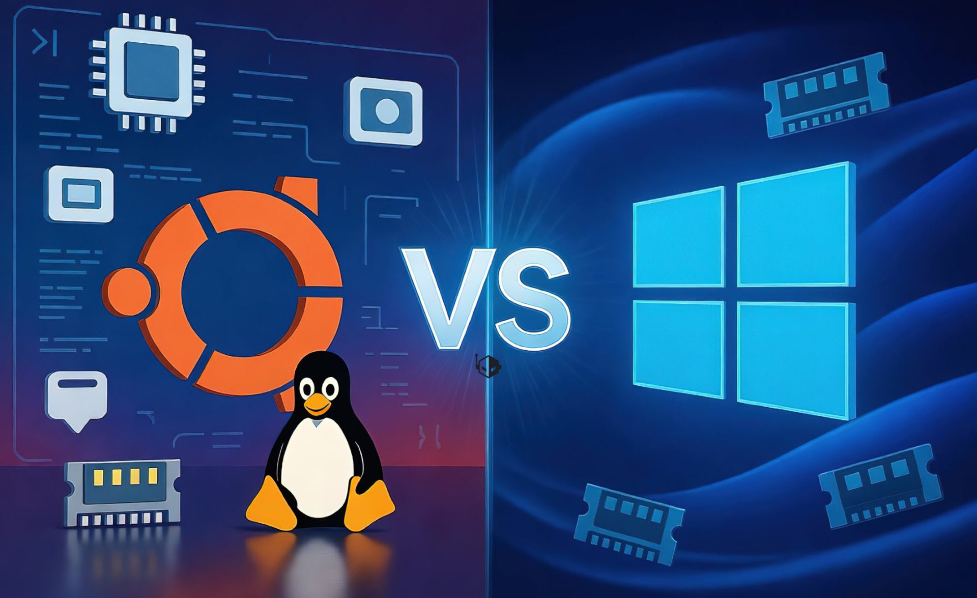 The image depicts a comparison between Ubuntu, represented by its logo and the Linux mascot Tux, and Windows, represented by its logo, with a 'VS' in the center.