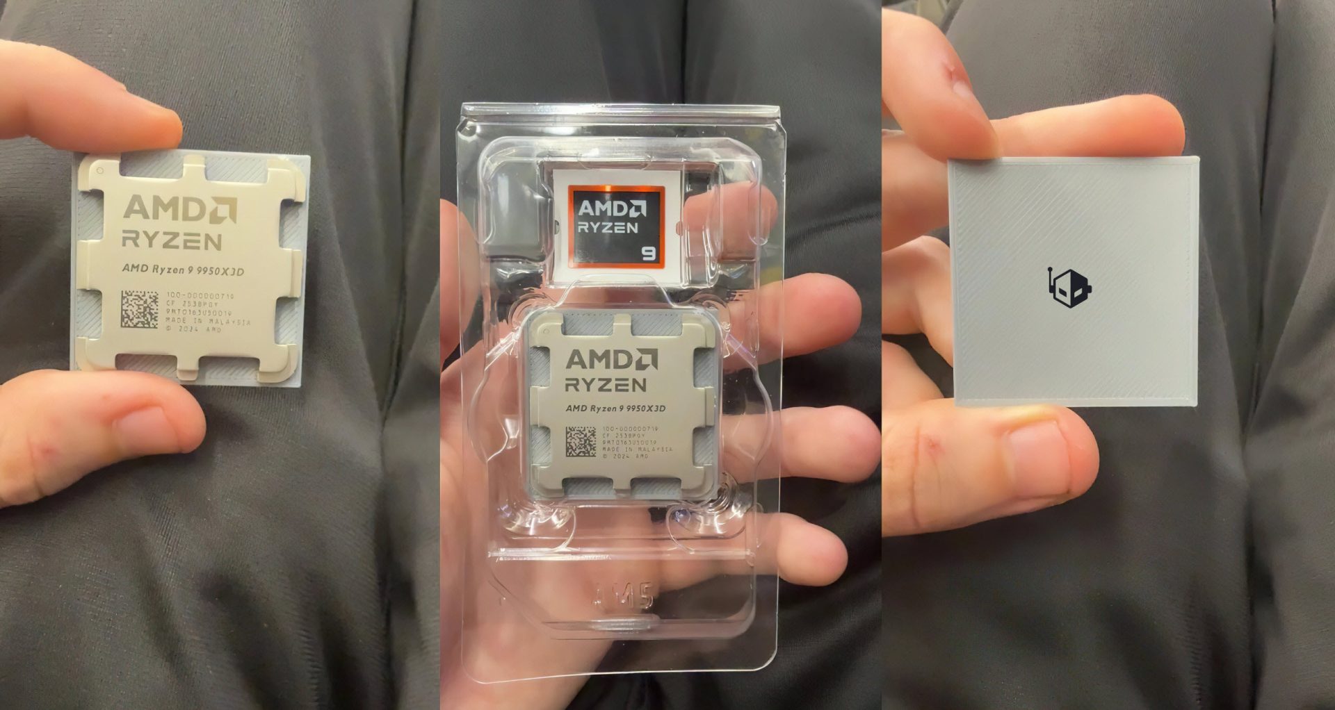 The image shows an AMD Ryzen 9 9950X3D CPU being held in a person's hand, with the processor visible inside its packaging and product labeling clearly displayed.