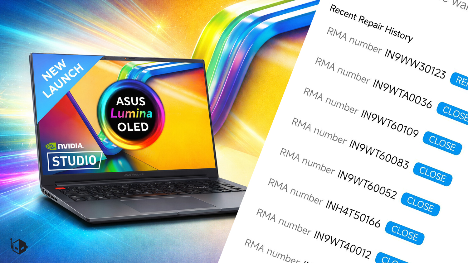An ASUS Vivobook featuring an 'ASUS Lumina OLED' display and 'NVIDIA Studio' branding is shown alongside a 'Recent Repair History' list with RMA numbers and 'CLOSE' buttons.