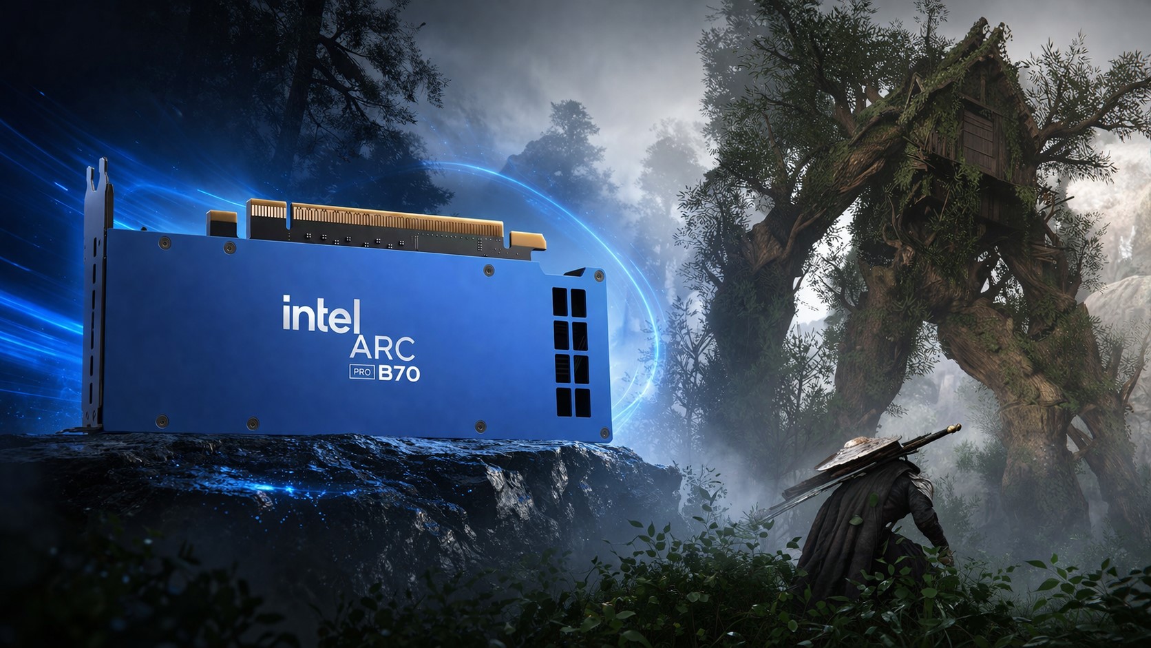 An Intel Arc Pro B70 graphics card is placed on a rock in a fantasy landscape, with a warrior in the foreground approaching a treehouse built within an enormous tree creature.