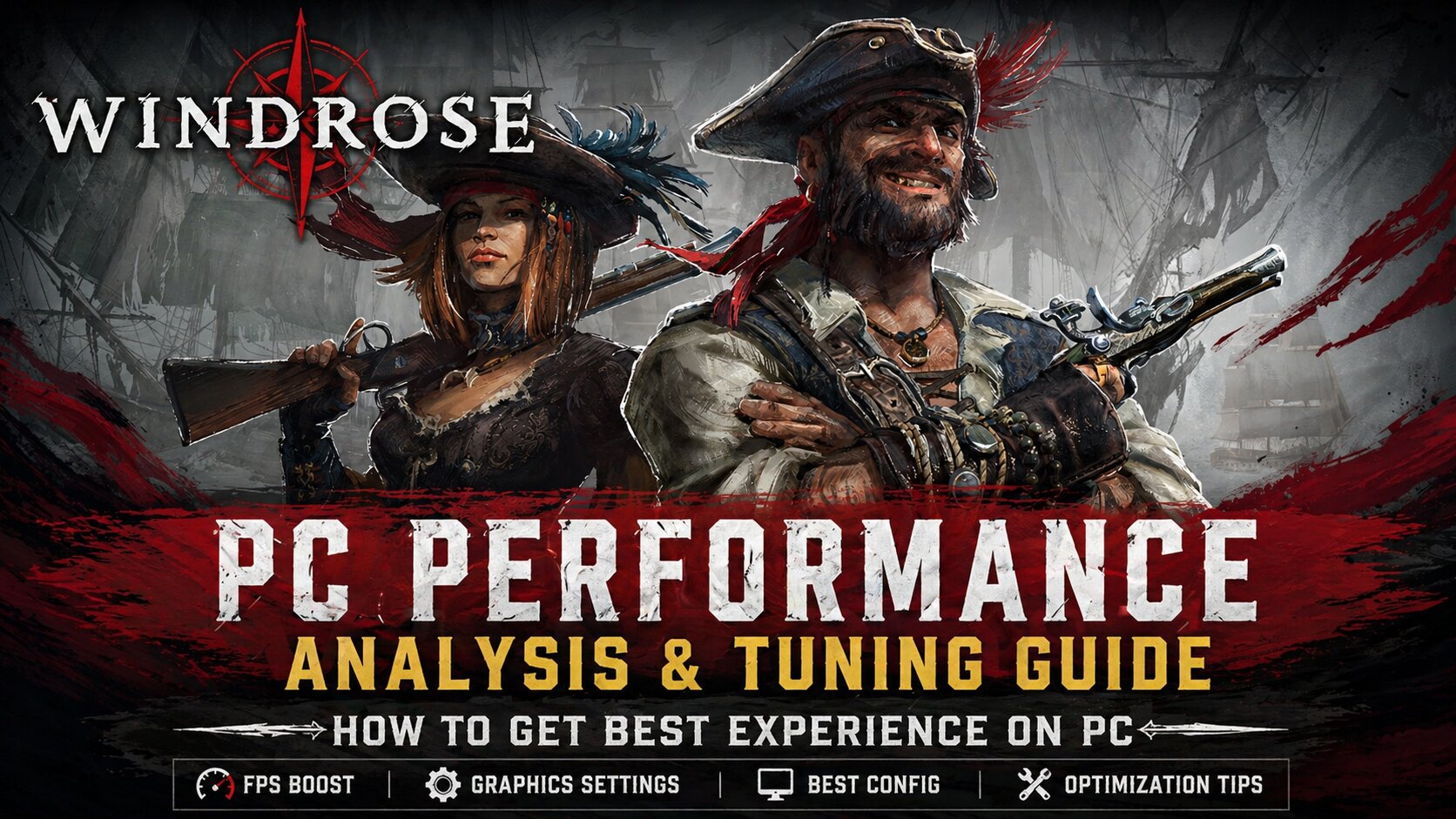 Artwork of two pirate characters from the game 'Windrose' with text overlay 'PC Performance Analysis & Tuning Guide: How to get best experience on PC,' featuring icons for 'FPS Boost,' 'Graphics Settings,' 'Best Config,' and 'Optimization Tips.'
