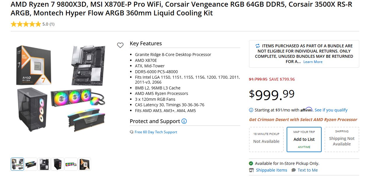 AMD Ryzen 7 9800X3D bundle with MSI X870E-P Pro WiFi, Corsair Vengeance RGB 64GB DDR5, Corsair 3500X RS-R ARGB, Montech Hyper Flow ARGB 360mm Liquid Cooling Kit priced at $999.99 with key features listed including Granite Ridge 8-Core Desktop Processor and 3 x 120mm RGB Fans.