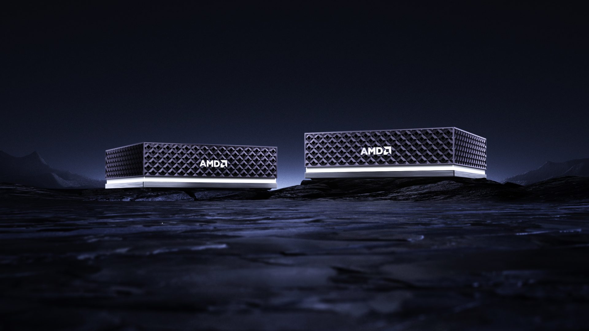 Two rectangular AMD-branded data center servers on a dark, landscape-like surface.