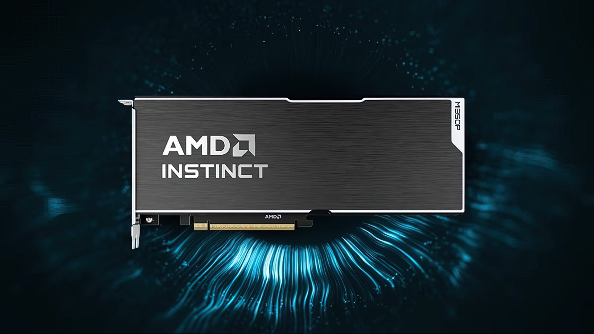 The image shows an AMD Instinct MI350P graphics card against a dark, abstract background.