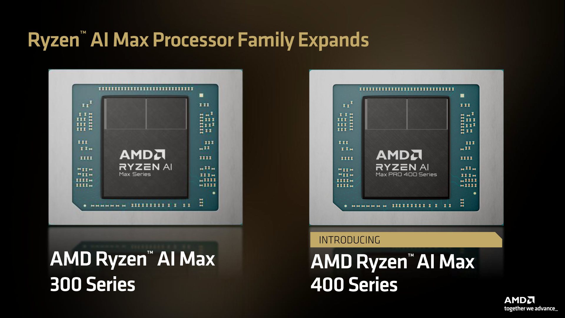 The image shows the AMD Ryzen AI Max 300 Series and the newly introduced AMD Ryzen AI Max PRO 400 Series processors, titled 'Ryzen AI Max Processor Family Expands'.