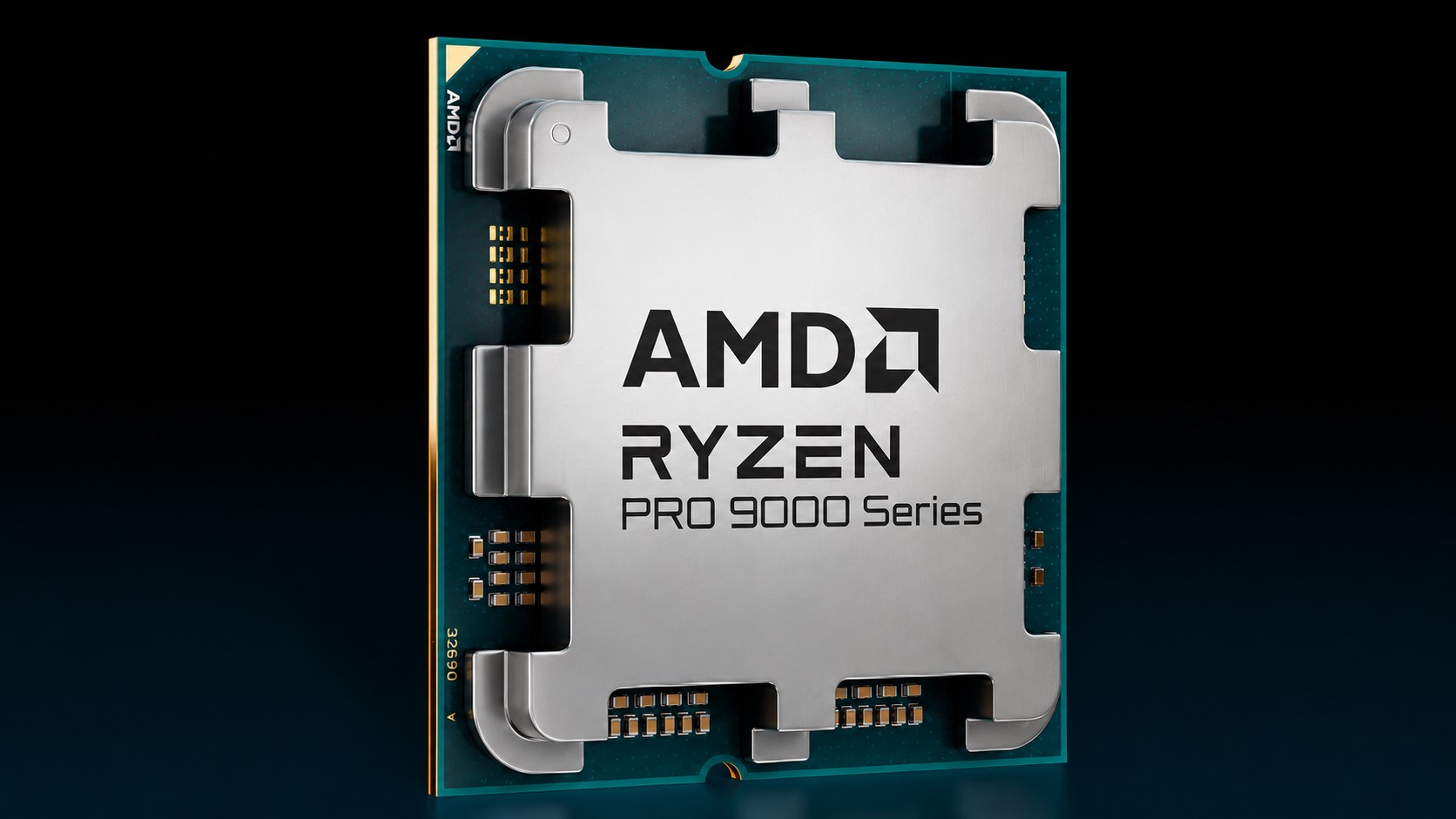 An AMD Ryzen PRO 9000 Series processor chip is shown with its logo prominently displayed on a metallic surface.