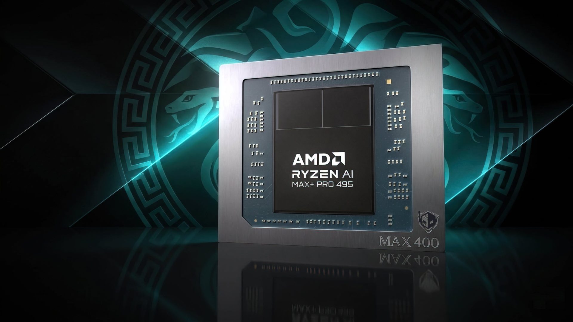 The image showcases the AMD Ryzen AI MAX+ PRO 495 chip with the 'MAX 400' emblem against a decorative background.