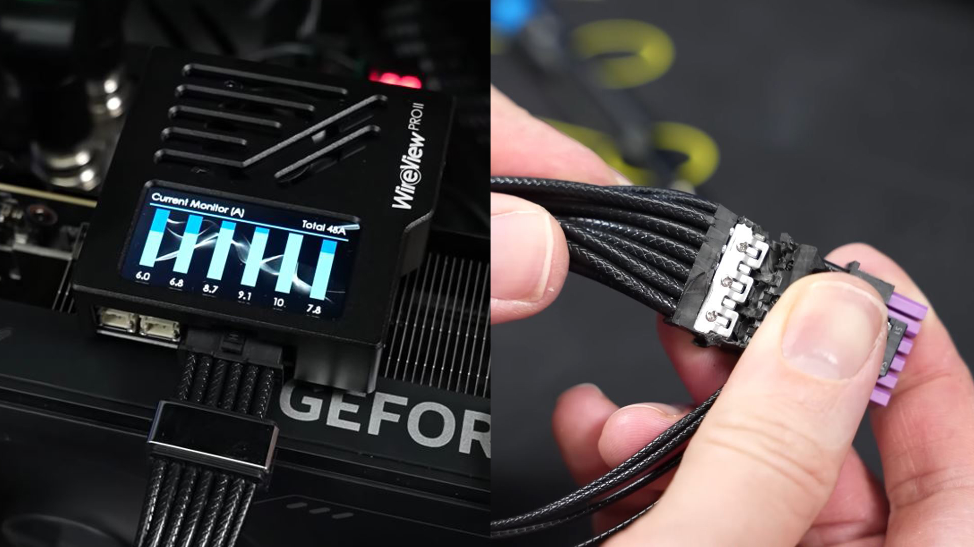A WireView PRO II device displays current readings in amps, while a person holds a braided power cable with visible connectors.
