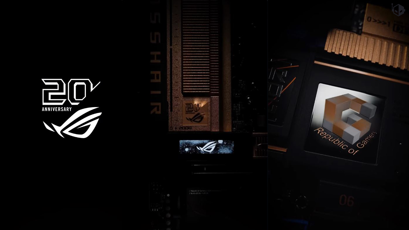 The image shows a 20th Anniversary logo of ASUS Republic of Gamers with detailed close-ups of the ROG Crosshair motherboard components.