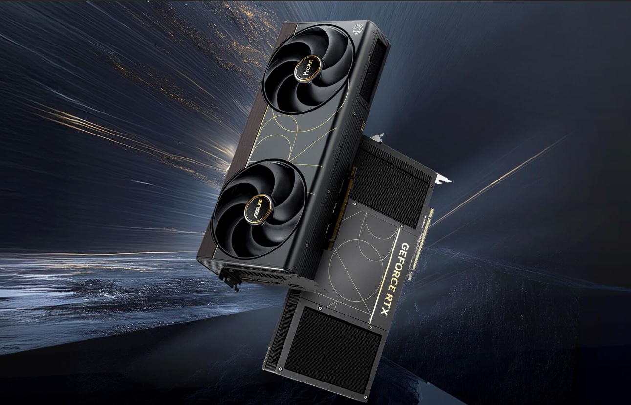 ASUS graphics card featuring dual fans and labeled 'GeForce RTX' against a dynamic background.