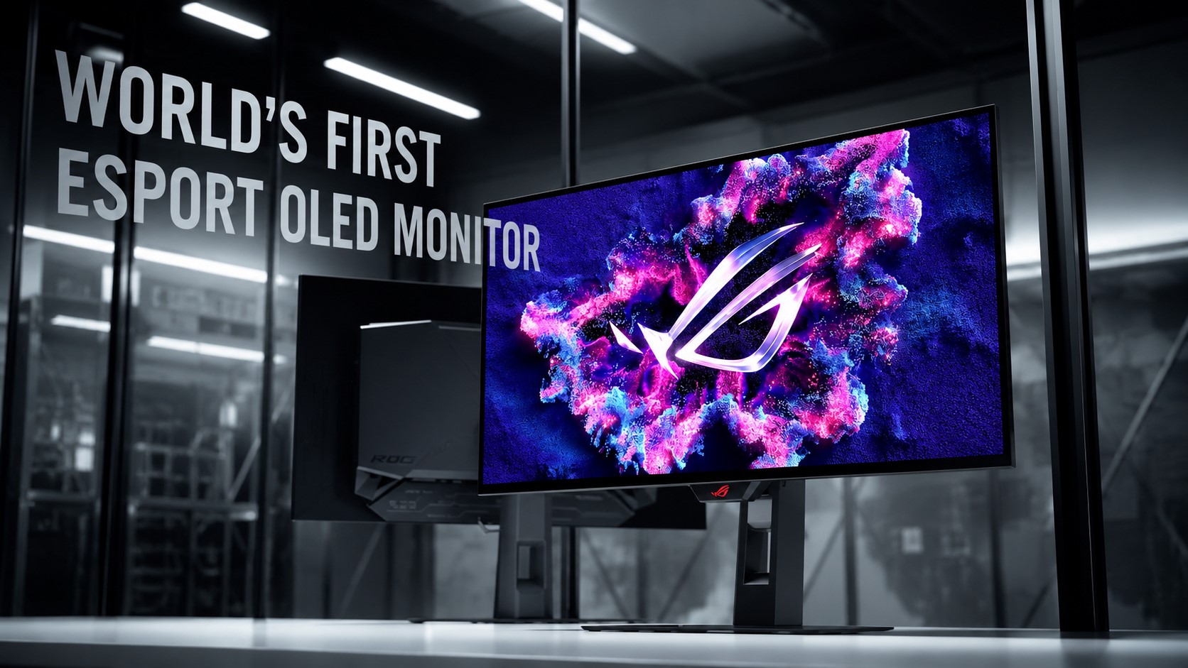 The ASUS ROG gaming monitor is displayed with vibrant graphics, and text on the background reads 'World’s First Esport OLED Monitor.'