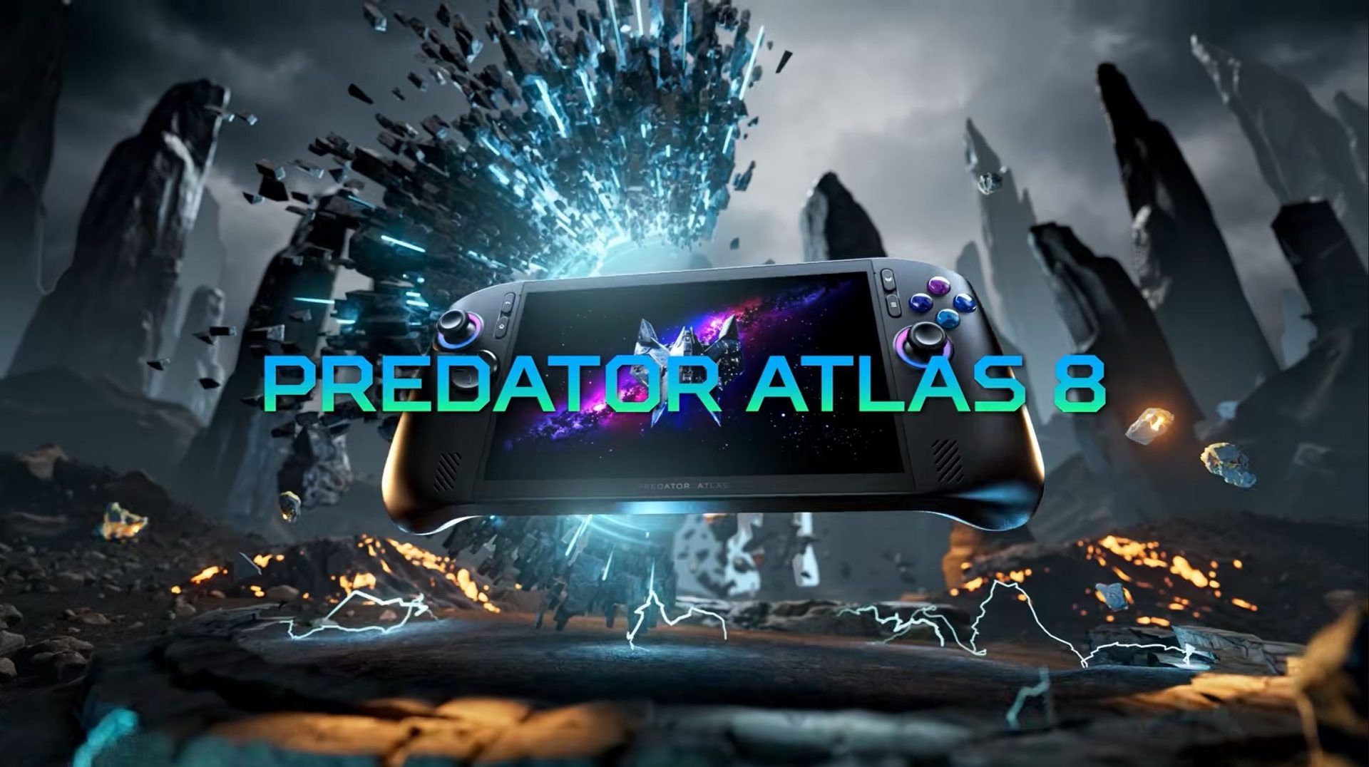 The Predator Atlas 8 portable gaming console is displayed against a dynamic futuristic landscape with the text PREDATOR ATLAS 8 overlaying the image.