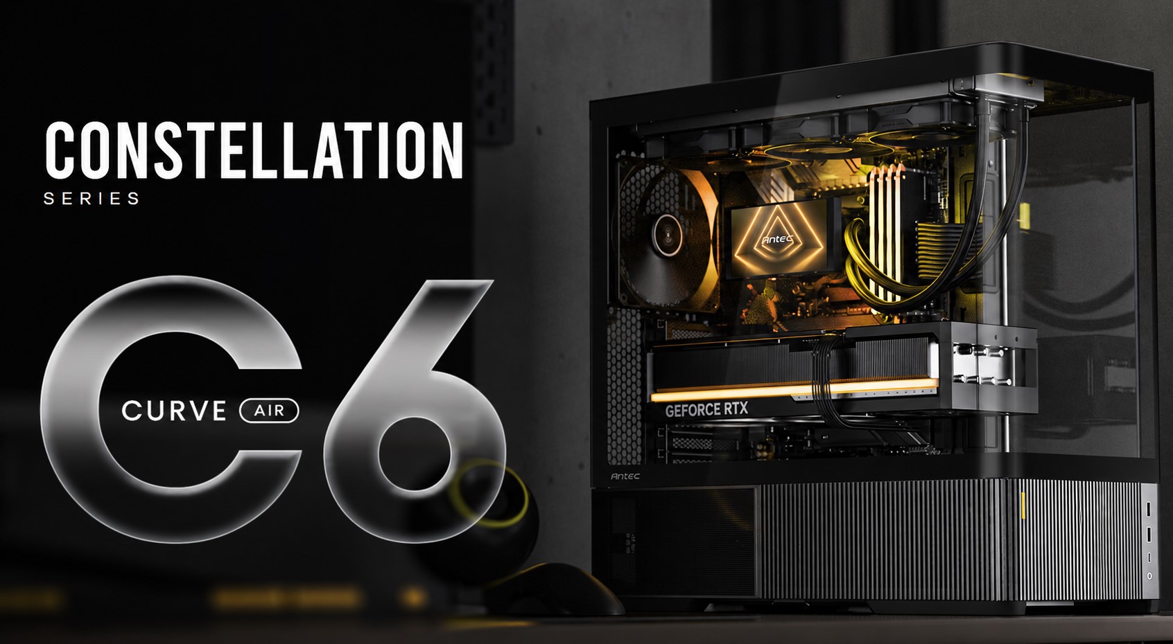 A custom-built gaming PC with 'GEFORCE RTX' graphics card and Antec components is showcased in the 'CONSTELLATION SERIES C6 CURVE AIR' model.