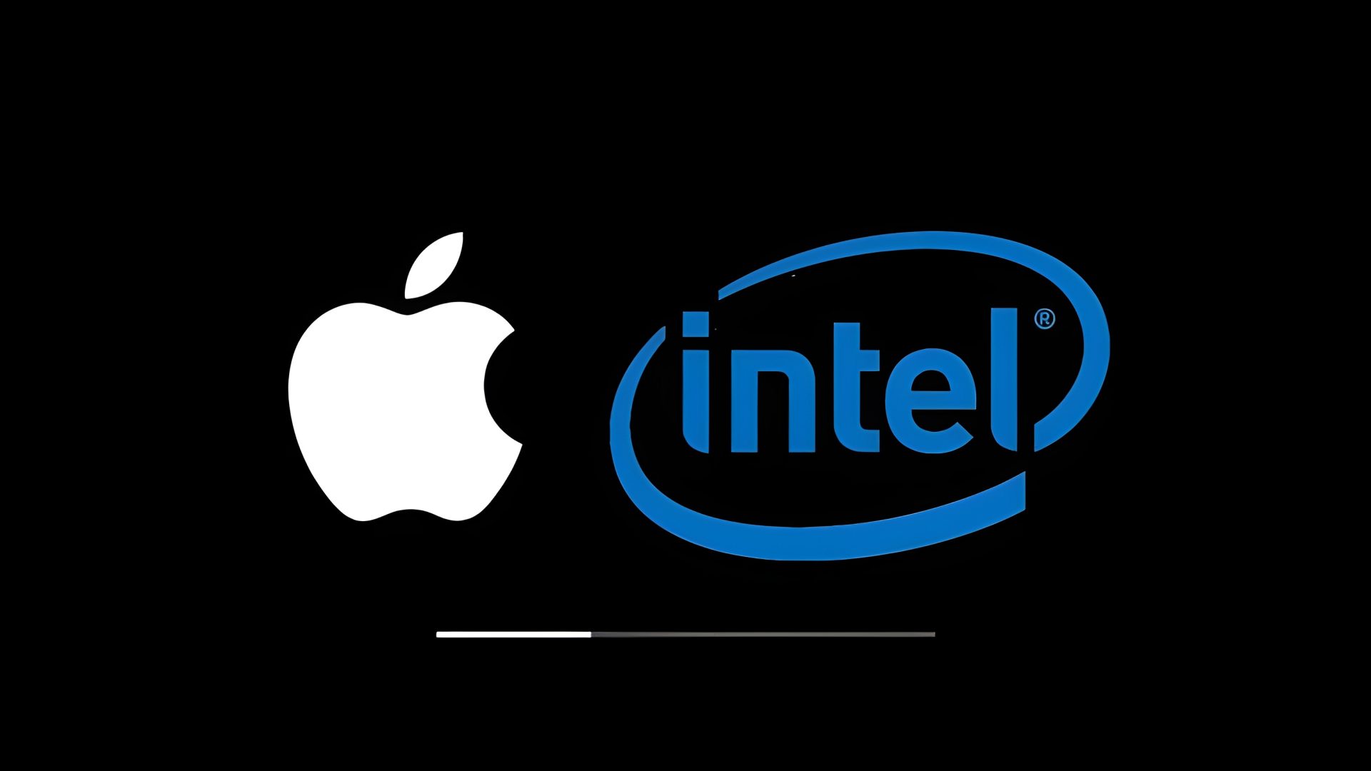 The image shows Apple and Intel logos side by side on a black background with a horizontal loading bar below them.