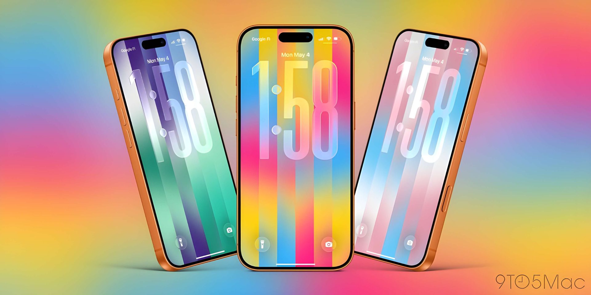 Three differently colored iPhones display the same multicolored wallpaper with the time '1:58' and text 'Mon May 4', each connected to 'Google Fi'.
