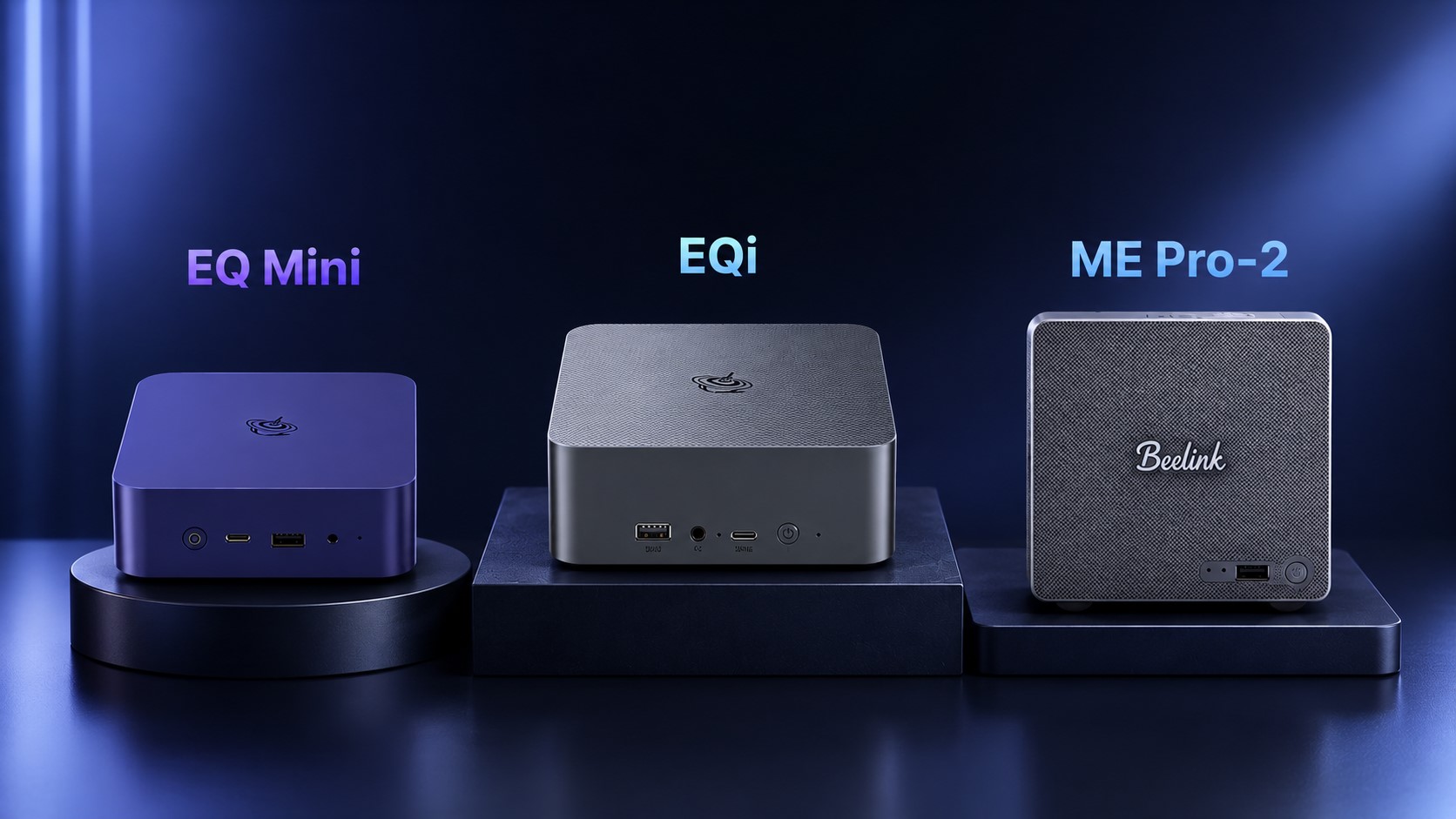 Three mini PCs are displayed on pedestals: the Beelink EQ Mini, EQi, and ME Pro-2.