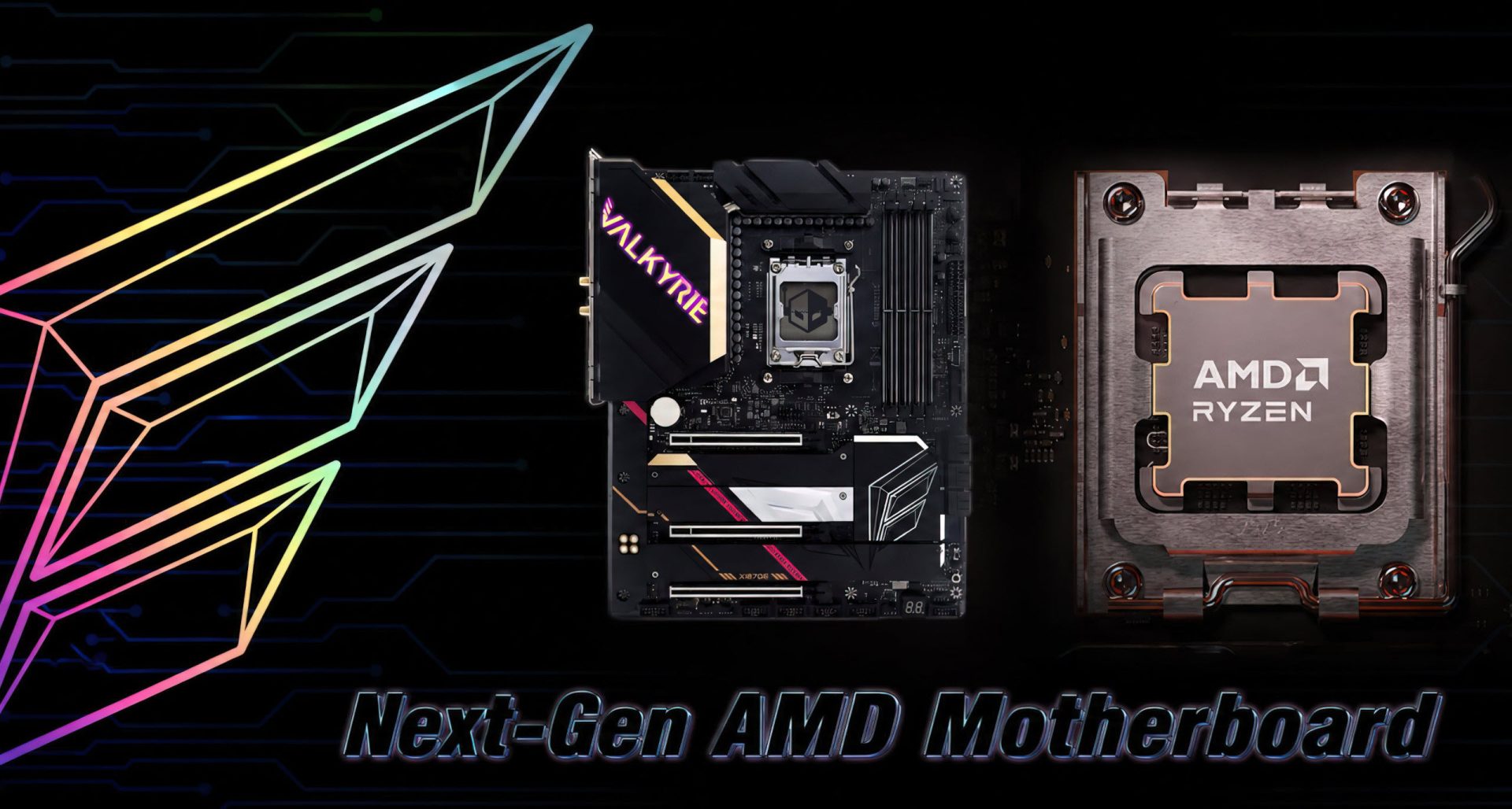 A next-generation AMD motherboard with 'VALKYRIE' branding is shown alongside an AMD Ryzen CPU socket, with the text 'Next-Gen AMD Motherboard' at the bottom.