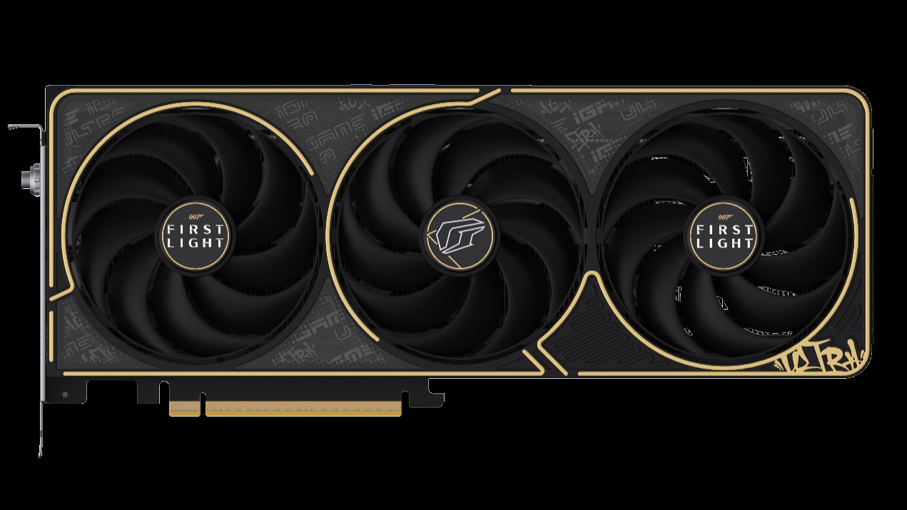 The image shows a graphics card with three fans, labeled