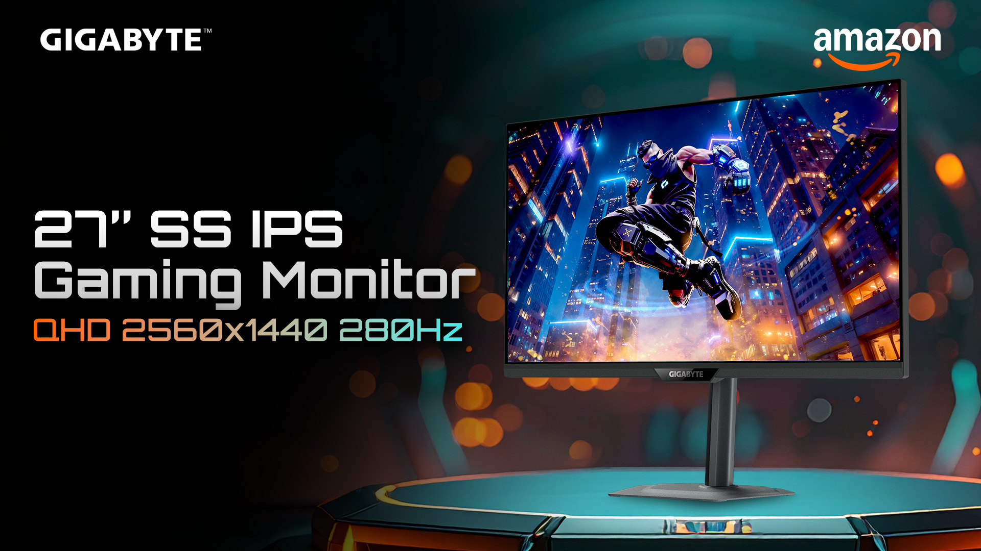 The image features a Gigabyte 27 SS IPS gaming monitor displaying a futuristic cityscape scene, with text highlighting 'QHD 2560x1440 280Hz,' alongside Amazon branding.