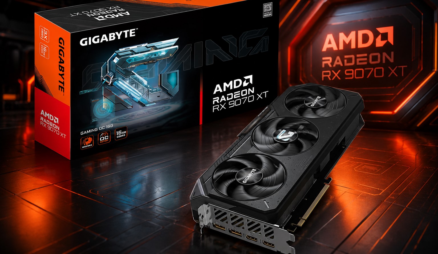 A Gigabyte AMD Radeon RX 9070 XT graphics card is displayed alongside its box featuring the 'GIGABYTE' logo and 'AMD RADEON RX 9070 XT' text, with design highlights and product specifications like 'GAMING OC 16G' and '16GB GDDR6'.