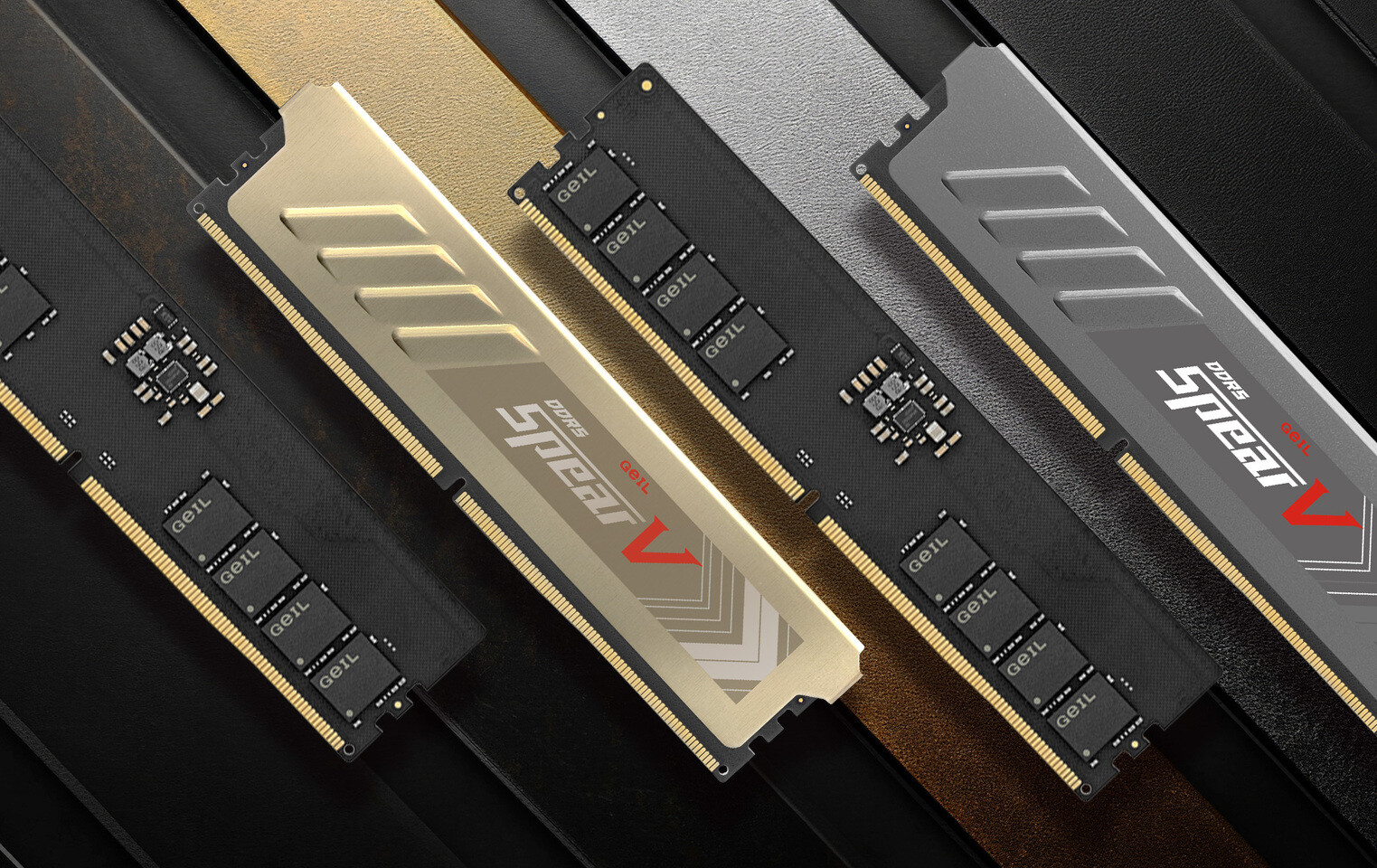 A set of GeIL DDR5 SPEAR V memory modules in black, gold, and silver with visible GeIL branding.