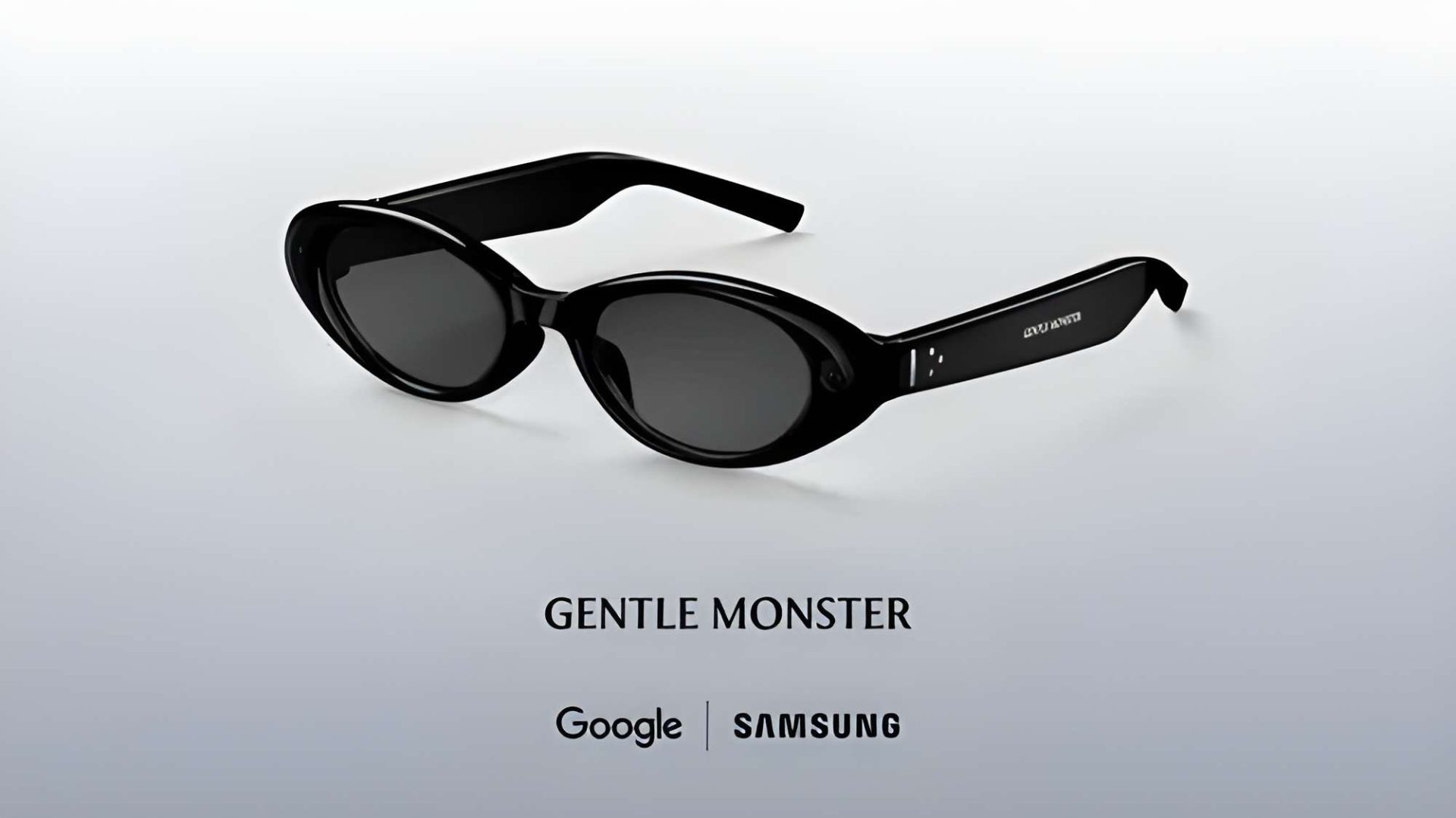 A pair of black Gentle Monster sunglasses are displayed with logos from Google and Samsung beneath them.