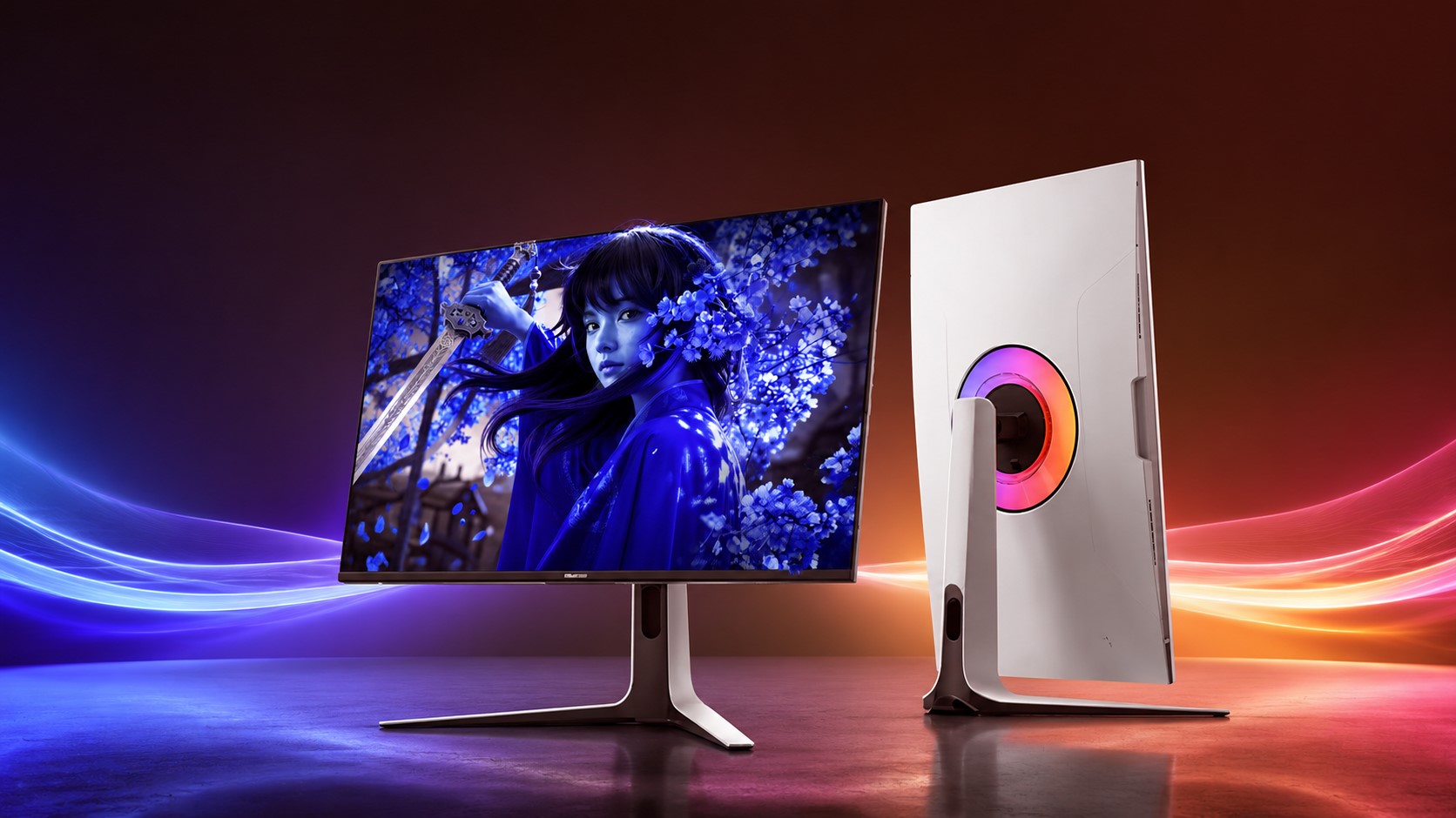 The Samsung Odyssey OLED G9 monitor displays a vivid image of a character with striking blue tones, set against a colorful backdrop.